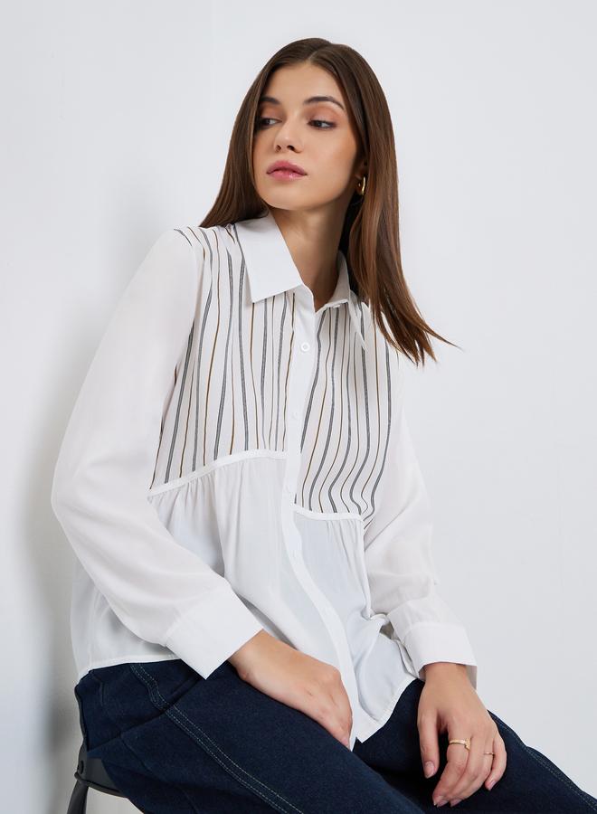 Styli Women White Striped Panel Long Sleeve Shirt - Image 1